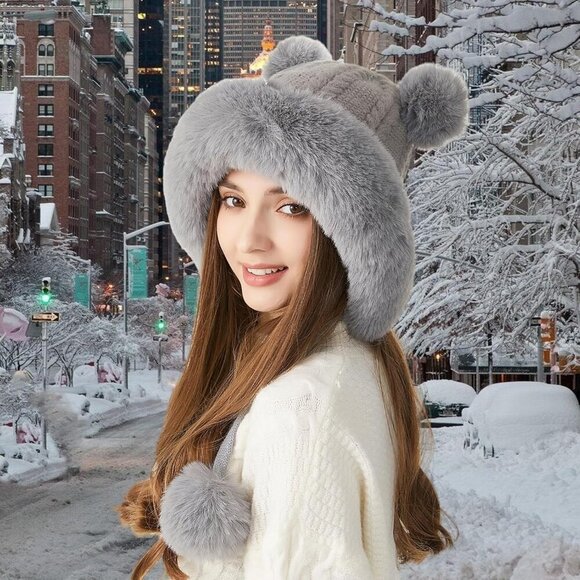 Women Grey Winter Sherpa Beanie Hats Knit Ear Flaps Peruvian Cover Ears main image 9